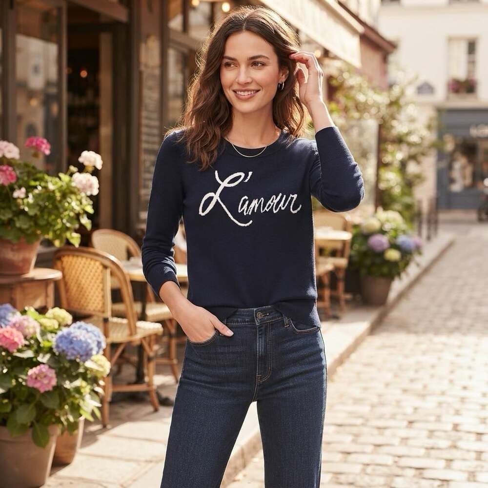 LOFT Sz XS Navy Blue L'amour Graphic Crew Neck Long Sleeve Knit Sweater French